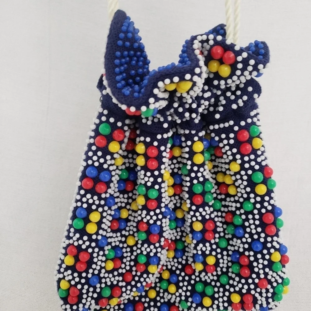 Vintage 70s Kitschy Candy Dot Bead Reversible Drawstring Satchel Bag